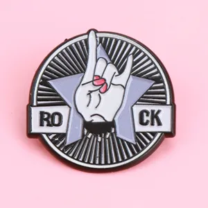 Metal rock star hand gesture round brooch badge, creative fashion clothing jacket accessories.