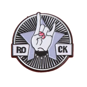 Round metal lapel pin badge with rock hand gesture and star design for fashion clothing decor