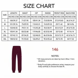Guide des tailles pour pantalon cargo homme bordeaux en maille gaufrée avec mesures (84 chars)
