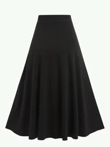 Elegant minimalist high-waisted black A-line flared midi skirt for professional women