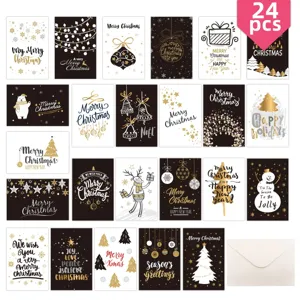 Set of 24 black, white and gold Christmas holiday greeting cards with envelopes