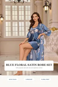 Elegant blue floral satin robe and nightdress 2-piece luxury sleepwear set for women