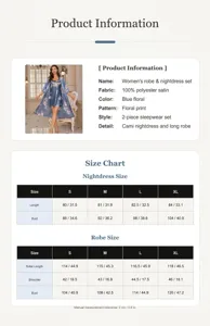 Size chart and details for women's 2-piece blue floral satin robe and nightdress set