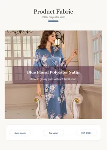 Detail showing luxurious blue floral polyester satin fabric of women robe.