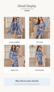 Detail views of blue floral satin robe and cami nightdress set showing neckline and waist
