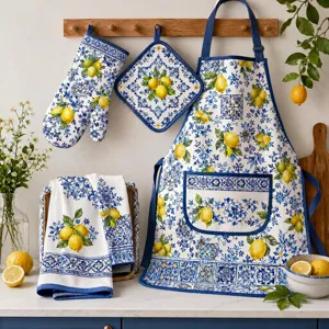 Küchenset mit Zitronenmuster, Schürze, Topfhandschuh, Topflappen und Handtuch