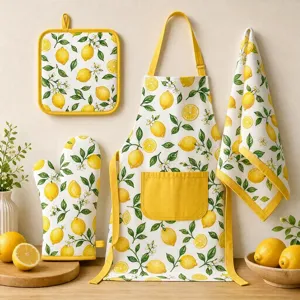 Küchen-Set mit Zitronenmuster, ölbeständige Schürze, Topfhandschuh und Isoliermatte