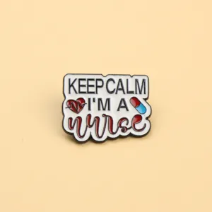 Nurse enamel pin detail shot, metal brooch badge with text, creative accessories.