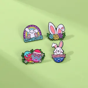 Cute Easter bunny enamel pin set metal cartoon badge backpack clothing accessories detail view