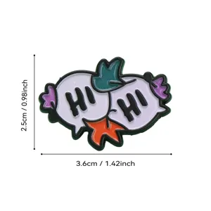 Cartoon greeting speech bubble enamel pin badge detail shot showing fun design and clear dimensions.