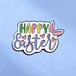 Linda Broche de Aleación de Pascua Colorida Letras Happy Easter Orejas de Conejo Insignia de Esmalte Alfiler de Solapa Joyería Regalo para Ropa de Mujer
