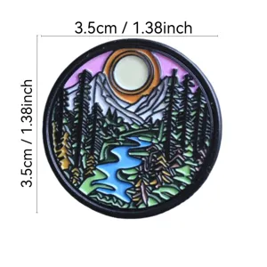 Round scenic enamel pin badge, metal landscape brooch for clothes and bags decoration.