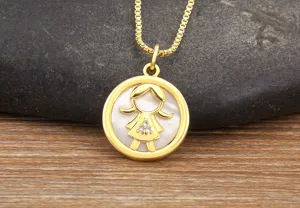 18K gold plated zircon girl pendant necklace, natural white shell detail pendant.