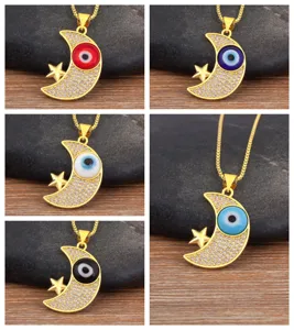 Collana Mezzaluna Occhio Di Allah Zircone Placcato Oro 18K Gioielli Turchi Multicolore