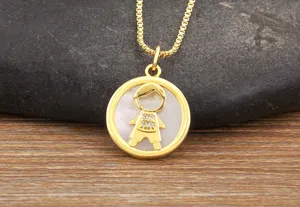 Gold Plated Zircon Boy Pendant Necklace Mother of Pearl Detail Close Up Fashion Jewelry