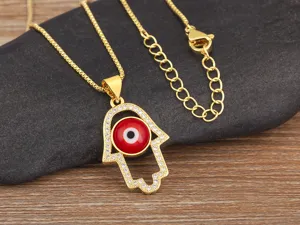 Exquisite 18K Gold Plated Hamsa Hand Red Evil Eye Micro Zircon Necklace Detail Close Up