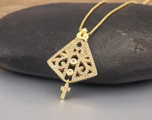 Detailed shot of 18k gold plated hollow cross geometric pendant necklace, elegant style.