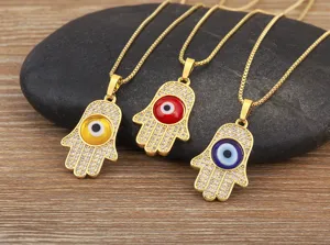 Gold Plated Hamsa Hand Evil Eye Necklace Micro Pave Zircon Pendant Jewelry Detail View