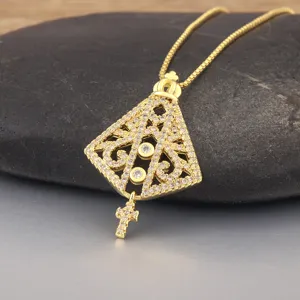 Fashion Copper Gold Plated Cross Pendant Necklace Hollow Geometric Designer Chain Necklace Cubic Zirconia Hypoallergenic Jewelry Gift For Unisex