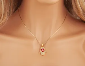 Gold Plated Micro Pave Zirconia Evil Eye Hamsa Hand Pendant Necklace Detail View