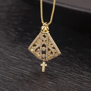 Gold plated openwork religious pendant necklace with small cross charm elegant jewelry