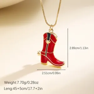 Collier pendentif botte de cowboy en émail rouge avec cœur, bijoux de mode pour femmes.