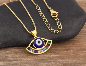 18K Gold Plated Evil Eye Pendant Necklace with Multicolored Zirconia Geometric Turkish Jewelry