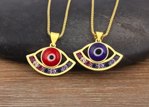 Gold Plated Evil Eye Necklace Micro Pave Zirconia Turkish Blue Eye Geometric Pendant