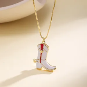 Collier chaîne doré avec pendentif botte cowboy en émail blanc et cœur pour mode femme