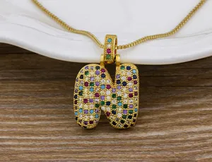 Gold colorful zircon letter N pendant necklace for women stylish bubble initial jewelry