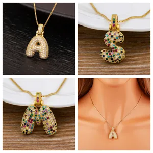 18K Gold Plated Copper Bubble Letter A-Z Pendant Necklace For Women Micro Pave Zirconia Initial Choker Fashion Jewelry Gift