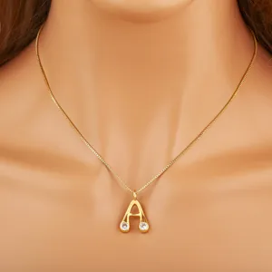 Gold plated letter A pendant necklace with sparkling micro-inlaid zircon stones for women.