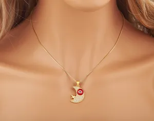 Collana Con Ciondolo Occhio Malvagio Luna Stella Placcata Oro 18K Zirconia Gioiello Turco