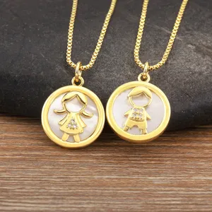 Gold plated mother of pearl boy and girl pendant necklace cute zircon jewelry gift for kids