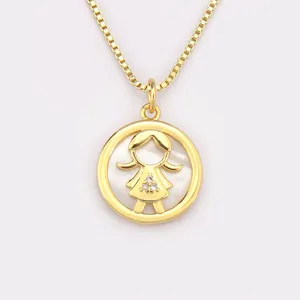 Gold plated 18k little girl mother of pearl zirconia round pendant necklace for kids main view
