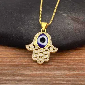 Exquisite 18k gold plated hamsa hand evil eye pendant necklace with sparkling micro-set zircons.