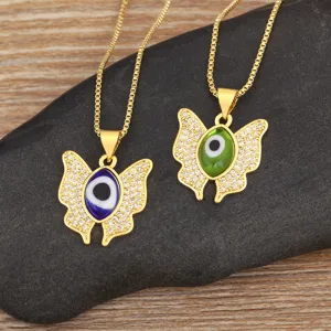 Exquisite gold plated evil eye butterfly pendant necklace with sparkly zircon crystals