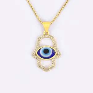 Gold Plated Hamsa Hand Evil Eye Pendant Necklace with Zirconia Stones Main Image
