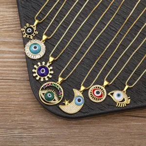 Collana con Ciondolo Malocchio in Rame Placcato Oro 18K per Uomo Donna Geometrica Svuotata Occhi Turchi Cuore Stella Strass Catena Gioielli Moda