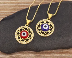 Close-up of evil eye hollow geometric gold-plated pendant necklaces showcasing intricate zirconia.