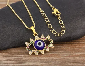 Copper 18K gold-plated micro-paved zircon evil eye pendant necklace for women trendy jewelry detail.