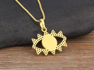 Gold plated evil eye pendant necklace with geometric hollow design and micro pave zirconia.