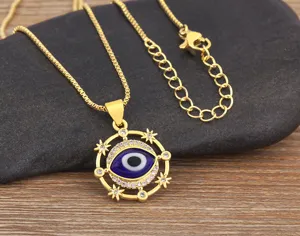 Close-up of gold-plated Turkish evil eye pendant necklace with sparkling micro-set zircons.