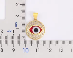 Detail view of the evil eye pendant showing size measurement and micro-pave cubic zirconia.