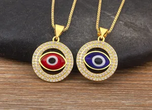 Exquisite evil eye pendant necklace details, micro-paved cubic zirconia, 18k gold plated.