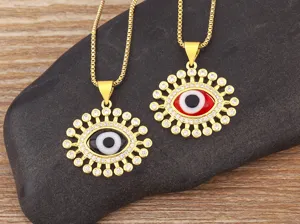 Detailed close-up shot of exquisite evil eye pendant necklaces with sparkling cubic zirconia.