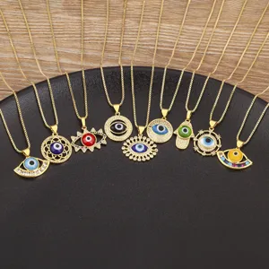 18K Gold Plated Copper Evil Eye Necklace Zirconia Geometric Turkey Blue Eye Pendant Necklace For Women Men Jewelry Gift