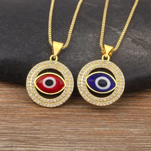 Gold plated evil eye necklace set with sparkling micro zircon stones and vibrant red blue pendants