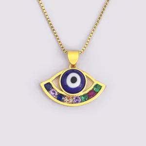 18K Gold Plated Copper Evil Eye Necklace with Micro Pave Zircon Geometric Blue Eyes