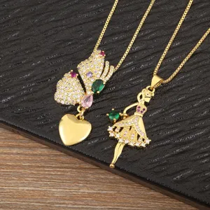 Collier Pendentif Ballerine Cœur Papillon Plaqué Or 18k Collier Chaîne Boîte Designer en Cuivre avec Zirconia Incrusté Cadeau